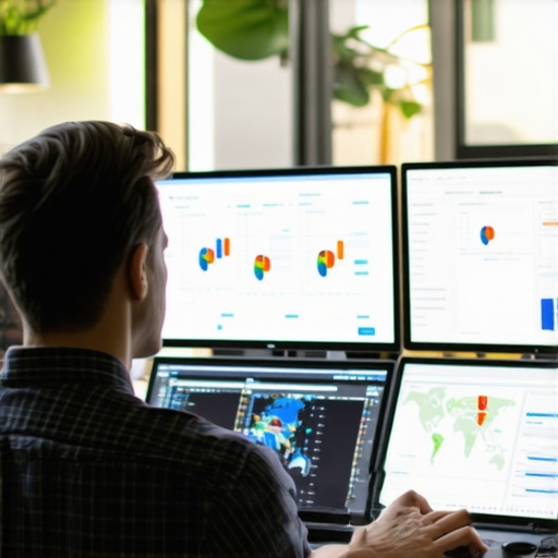 Marketer analyzing SEO analytics and maps in a high-tech office environment.