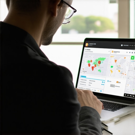 Business owner reviewing local SEO analytics on a laptop with charts and maps in the background