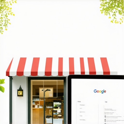 A business storefront with a visible Google Profile on a tablet screen showing high ratings and reviews.