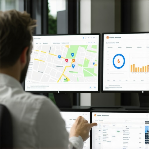 SEO expert analyzing local search analytics on multiple screens.