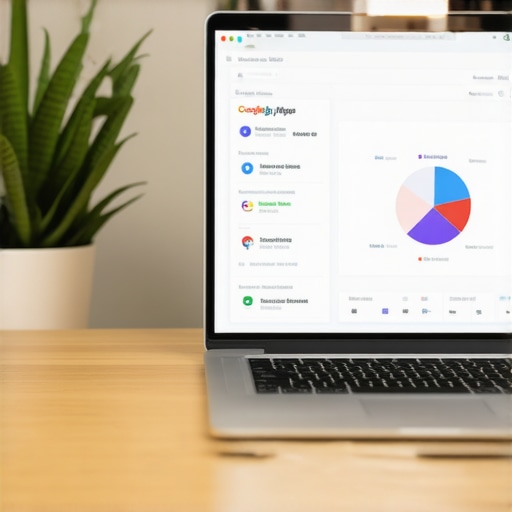 A workspace with laptop showing local SEO analytics and Google My Business dashboard
