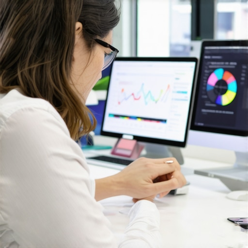 An SEO expert examining local search optimization data on multiple screens, highlighting schema markup and backlink analysis.