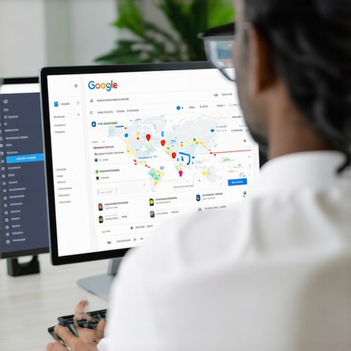 An SEO professional reviewing local SEO analytics on a laptop with charts and Google Maps.