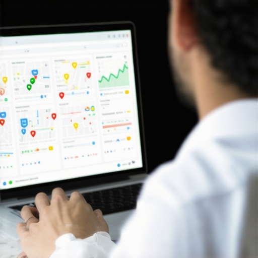 Expert reviewing Google Maps ranking data with charts and laptop.