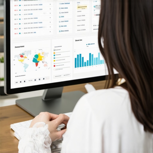 Person working on SEO analytics with charts and maps