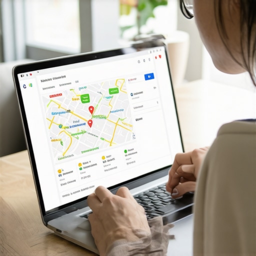 Person working on Google Business Profile on laptop with local map and reviews