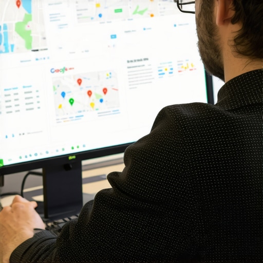 Business owner working on Google Business Profile on laptop showing local map and SEO metrics.