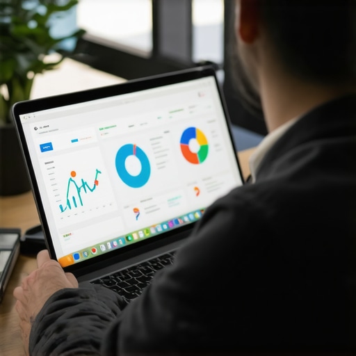 Person working on SEO tools on a laptop with data dashboards on screen.