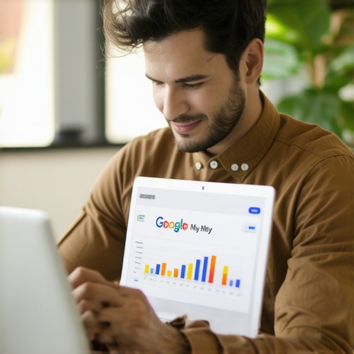 Business owner optimizing Google My Business profile on laptop with ranking charts