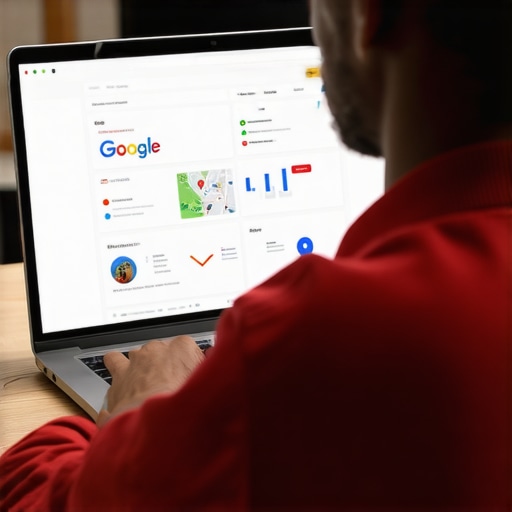 A person updating their Google Business Profile on a laptop, with SEO charts visible.