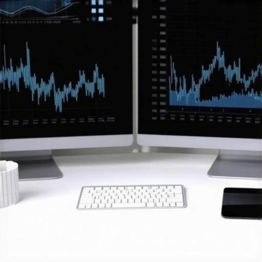 Desk with SEO tools and analytics displayed on monitors