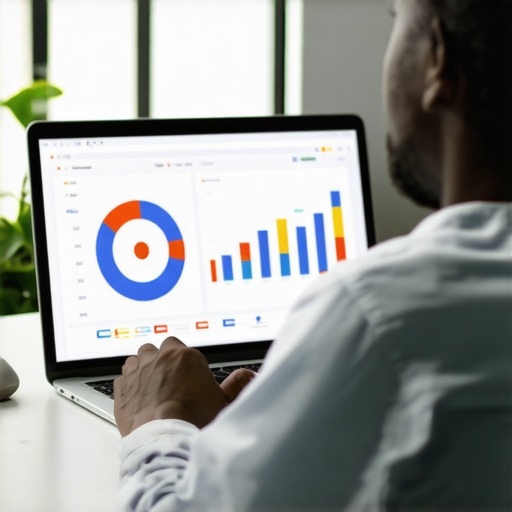 Person analyzing SEO dashboard on laptop for Google Profile health.