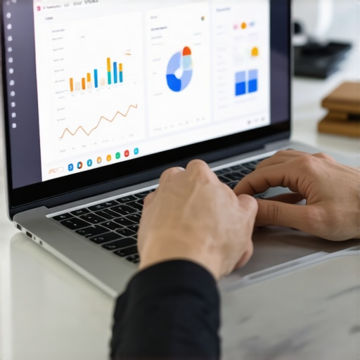 Person reviewing Google Search Console analytics on a laptop screen showing traffic and query metrics.