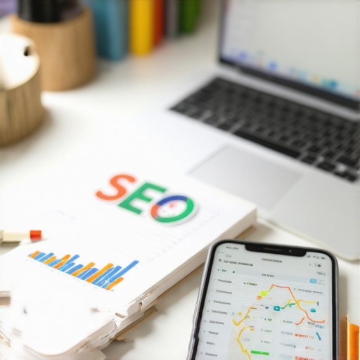 Effective Local SEO Tools in Action A workspace setup with SEO analytics and tools for local business optimization.