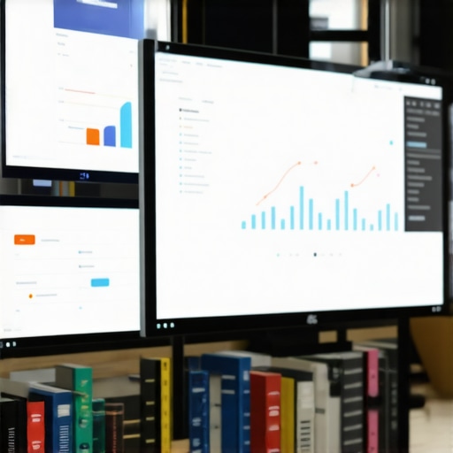 Person reviewing SEO analytics on monitors showing maps and ranking data.