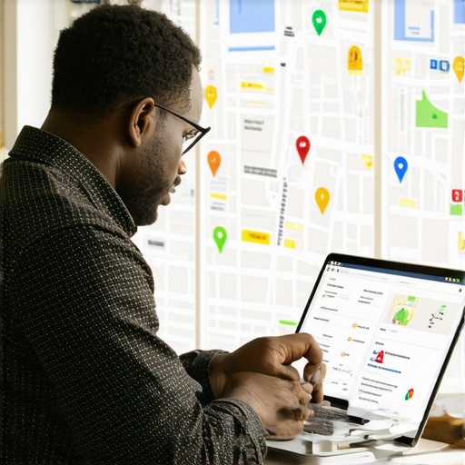 Business owner updating Google Business Profile on laptop with city maps in background.