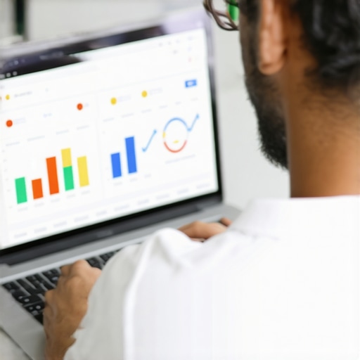 Business owner updating Google My Business profile on laptop with analytics and images.