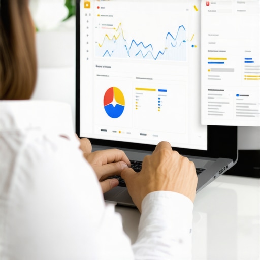 Business owner optimizing Google Profile on laptop with charts and reviews