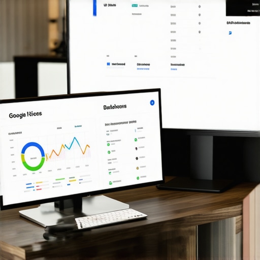 A setup with multiple monitors showing SEO analytics and Google Business Profile rankings.