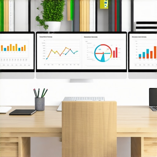Desk with monitors showing SEO analytics and review management dashboards.