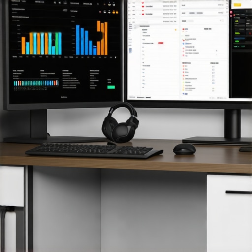 A workspace with screens showing Google profile analytics and ranking tools.