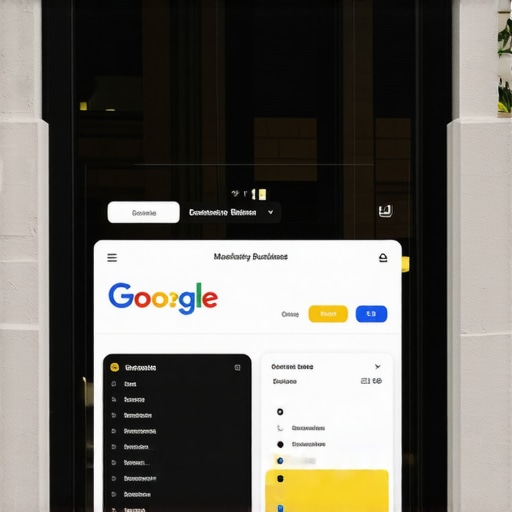 Illustration of a storefront with a digital dashboard highlighting profile details.
