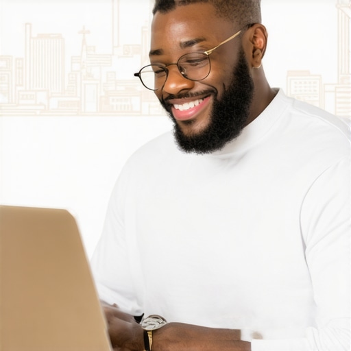 Optimizing Google Business Profile for Local Visibility Business owner working on Google Business Profile optimization with local landmarks in background.