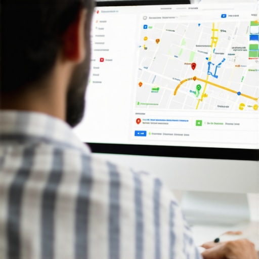 Business owner working on Google Business Profile optimization with local maps and analytics visual
