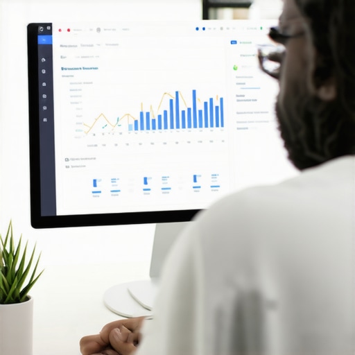A digital marketer reviewing Google Business Profile analytics on a screen with various charts and tools.