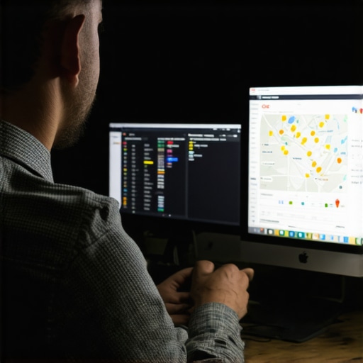 Digital marketer reviewing search performance metrics on a computer screen with GSC and Google Maps