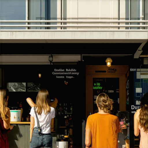 Smiling customers outside a local storefront
