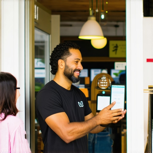 Business owner interacting with customers outside storefront
