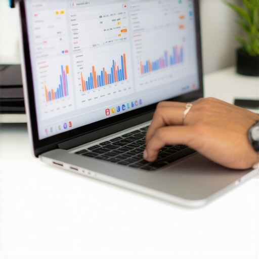 Person reviewing local SEO metrics on a computer with graphs and rank data.
