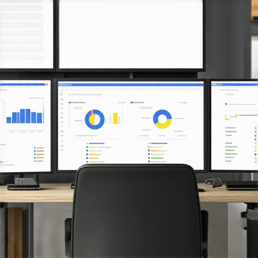A workspace with multiple screens displaying SEO analytics and local search performance tools.